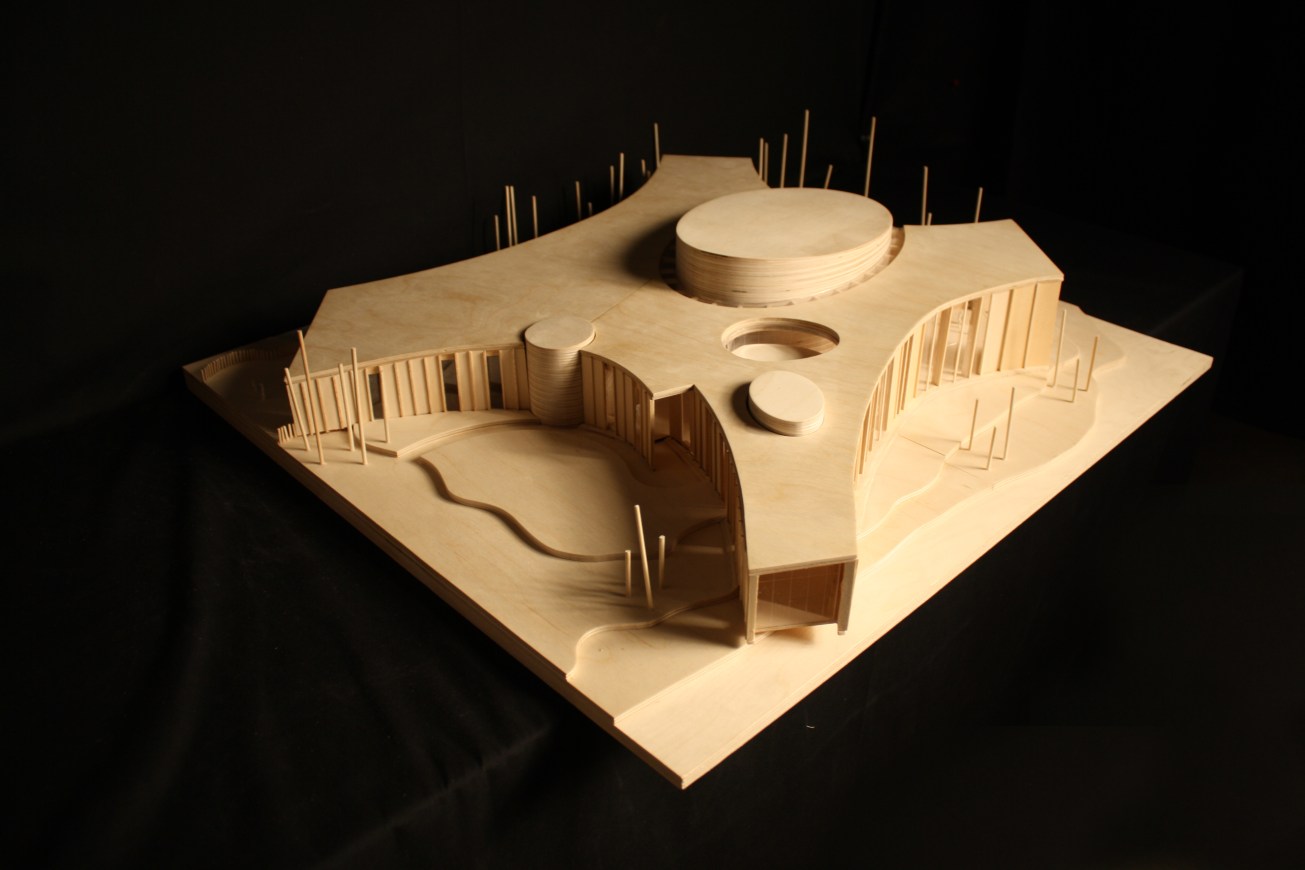 1:100 model birds eye looking southwest